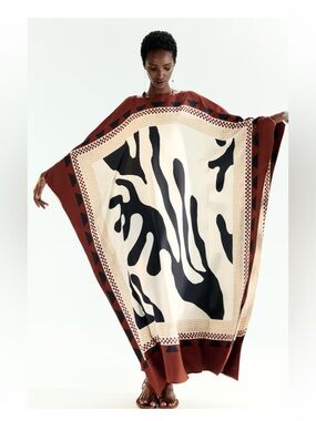 H&M Long Loose-Fit Draped Dress in Ivory, Black & Rust